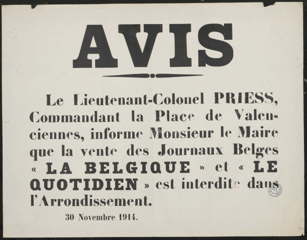 La vente des Journaux Belges "La Belgique" et "Le Quotidien" est interdite