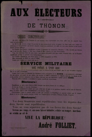 Aux électeurs de l'arrondissement de Thonon Service militaire soit réduit : André Folliet
