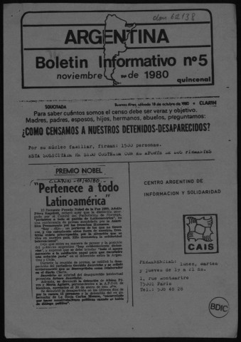 Argentina : Boletin informativo, 1980-1983. Sous-Titre : Fonds Argentine