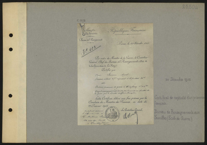 Certificat de captivité d'un prisonnier français