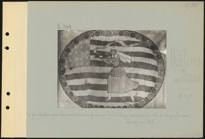 Châlons-sur-Marne. La gare. Cantine pour permissionnaires fondée par la Croix-Rouge américaine. La salle à manger. Panneau décoratif par Bertin