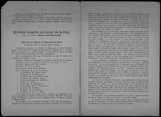 Supplément à La Paix par le Droit de novembre 1901. Sous-Titre : Résumé des délibérations du Xe congrès universel de la paix à Glasgow
