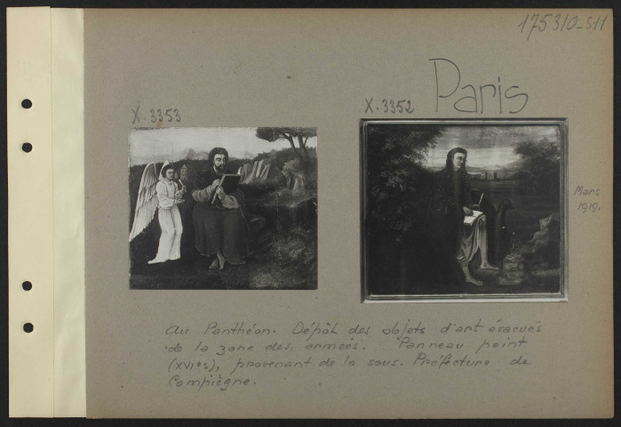 Paris. Au Panthéon. Dépôt des objets d'art évacués de la zone des armées. Panneau peint (XVIe siècle), provenant de la sous-préfecture de Compiègne