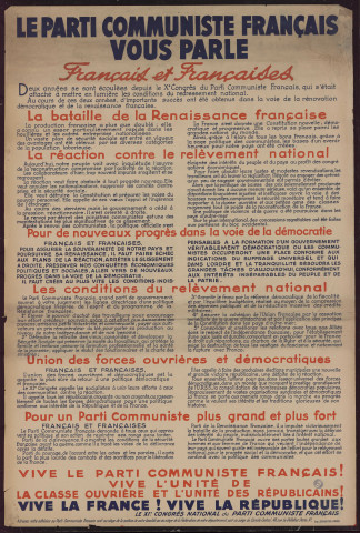 Le parti communiste français vous parle : la bataille de la renaissance française... La réaction contre le relèvement national...