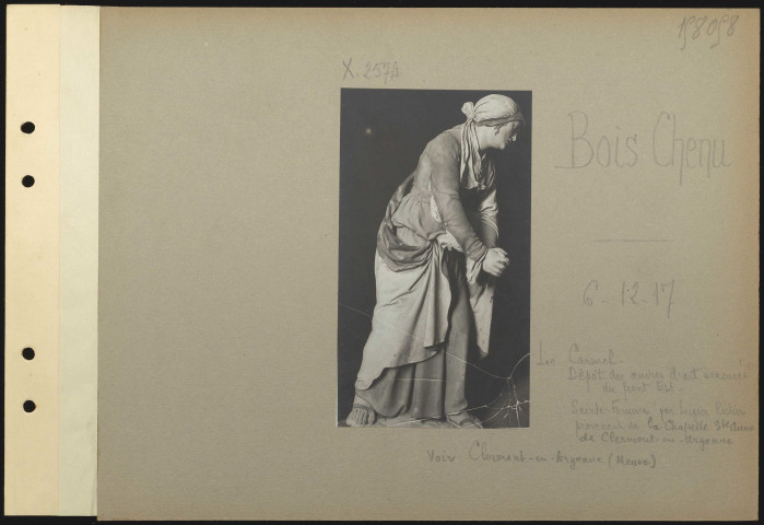Bois Chenu. Le Carmel. Dépôt des œuvres d'art évacuées du front Est. Sainte Femme par Ligier Richier provenant de la chapelle Sainte-Anne de Clermont-en-Argonne. Voir Clermont-en-Argonne (Meuse)