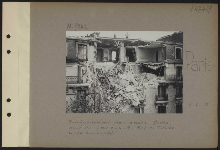 Paris. Bombardement par avions Gotha, nuit du 1 au 2.6.18. Rue de Tolbiac numéro 152 bombardé