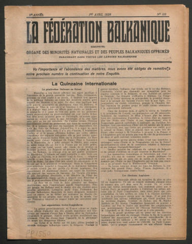 Avril 1929 - La Fédération balkanique
