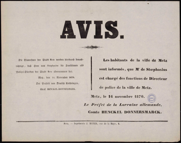 Herr von Stoephasius die Funktionen als Polizei-Direktor der Stadt Metz übernommen hat = Mr de Stoephasius est chargé des fonctions de directeur de police de la ville de Metz