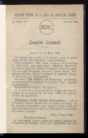 Avril 1906 - Bulletin officiel de la Ligue des Droits de l'Homme