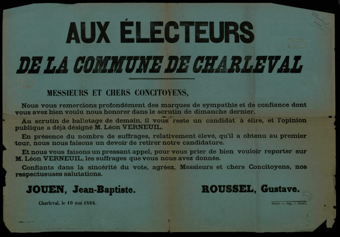 Commune de Charleval : L'opinion publique a dejà désigné M. Léon Verneuil