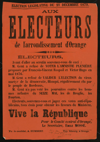 Élections législatives Arrondissement d'Orange : M. Gent a refusé de voter l'amistie plenière