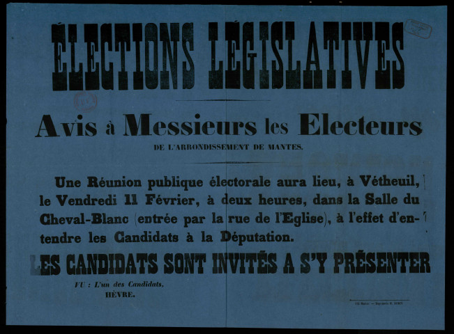 Avis à Messieurs les électeurs de l'arrondissement de Mantes : réunion publique