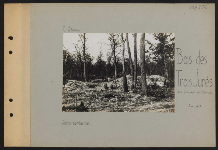 Bois des Trois Jurés (près Tranchée de Calonne). Abris bombardés