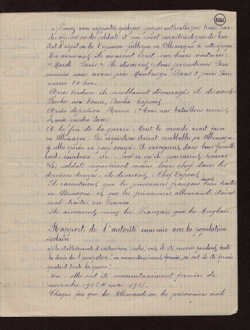 Maroilles (59) : réponses au questionnaire sur le territoire occupé par les armées allemandes