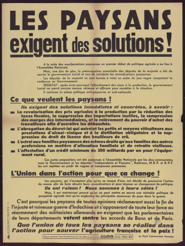 Les paysans exigent des solutions !… Ce que veulent les paysans... L'union dans l'action pour que ça change !