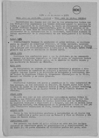 Bulletins d'information, 1979-1981. Testimonios n° 1 sobre la represion y la tortura, 1984. Sous-Titre : Fonds Argentine