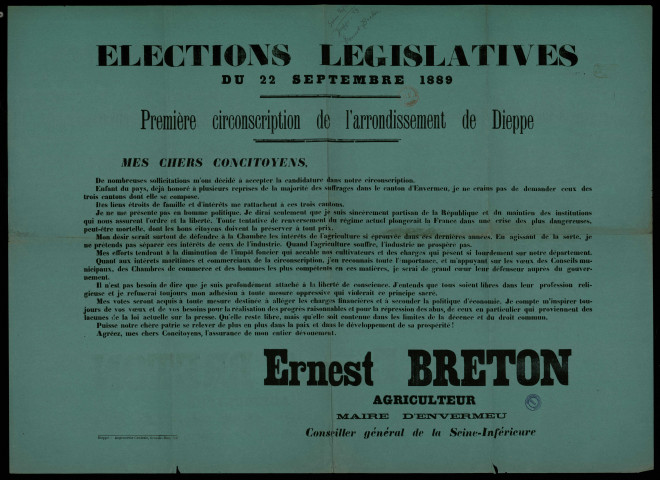 Élections Législatives Arrondissement de Dieppe : Candidature Ernest Breton