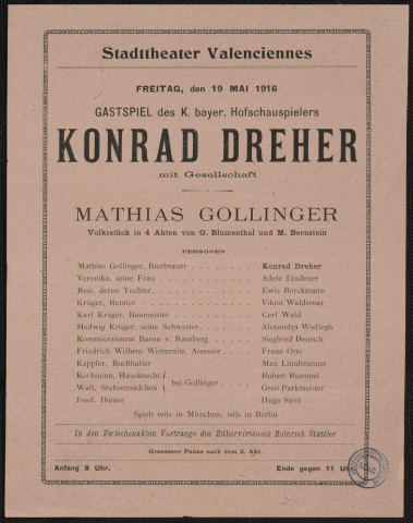 Stadttheater Valenciennes : Gastspiel des K.bayer. Hofschauspielers : Konrad Dreher