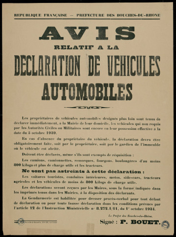 Avis relatif à la déclaration de vehicules automobiles