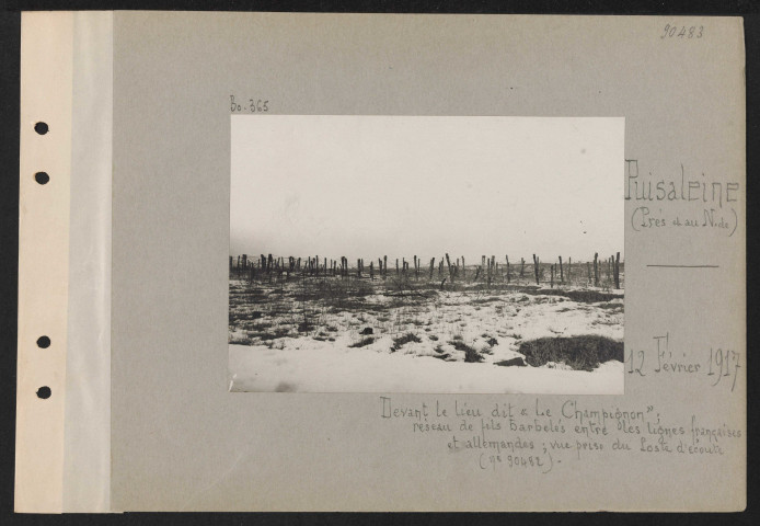 Puisaleine (près et au nord de). Devant le lieu dit "Le Champignon" ; réseau de fils barbelés entre les lignes françaises et allemandes ; vue prise du poste d'écoute (numéro 90482)