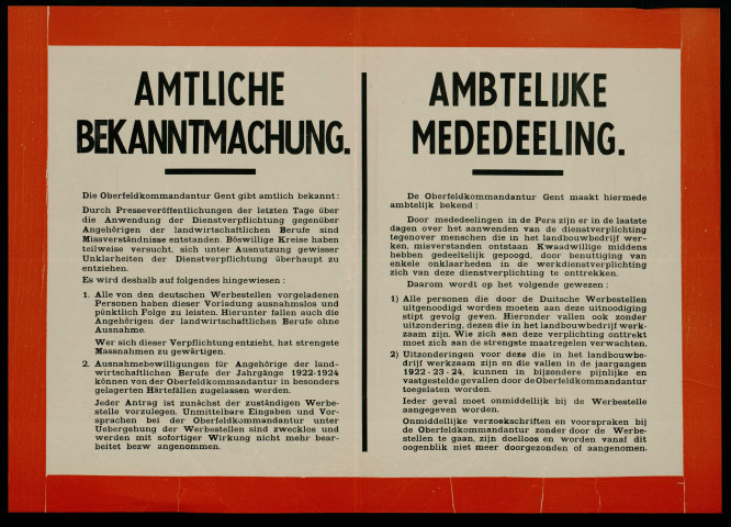 Bekanntmachung : Anwendung der Dienstverpflichtung = Mededeeling : aanwenden van de dienstverplichting