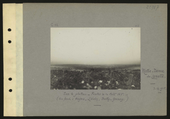 Notre-Dame de Lorette. Sur le plateau. Pentes de la Cote 165. Au fond : Angres, Liévin, Bully-Grenay