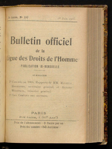 Juin 1905 - Bulletin officiel de la Ligue des Droits de l'Homme