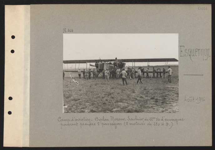 Esquennoy. Camp d'aviation. Biplan Morane-Saulnier, de 22,50 mètres d'envergure pouvant prendre cinq passagers (deux moteurs de 220 HP)