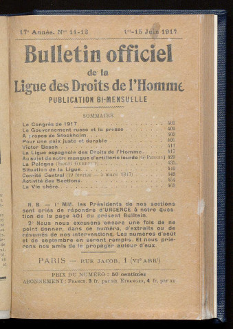 Juin 1917 - Bulletin officiel de la Ligue des Droits de l'Homme