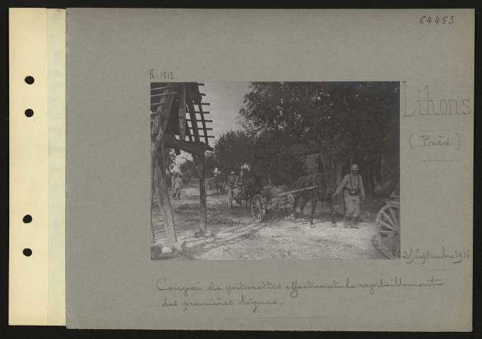 Lihons (près). Convoi de voiturettes effectuant le ravitaillement des premières lignes