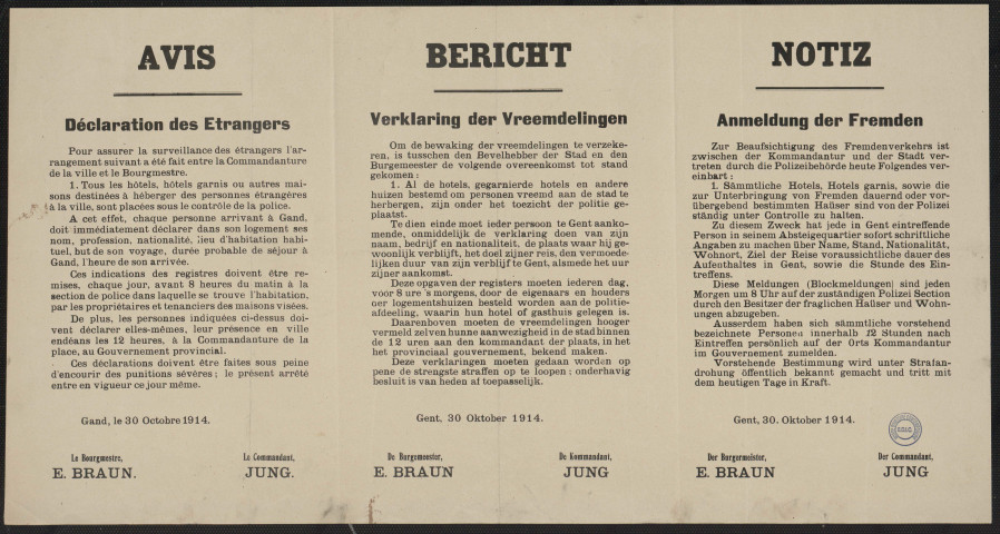 Déclaration des étrangers = Verklaring der Vreemdelingen = Anmeldung der fremden