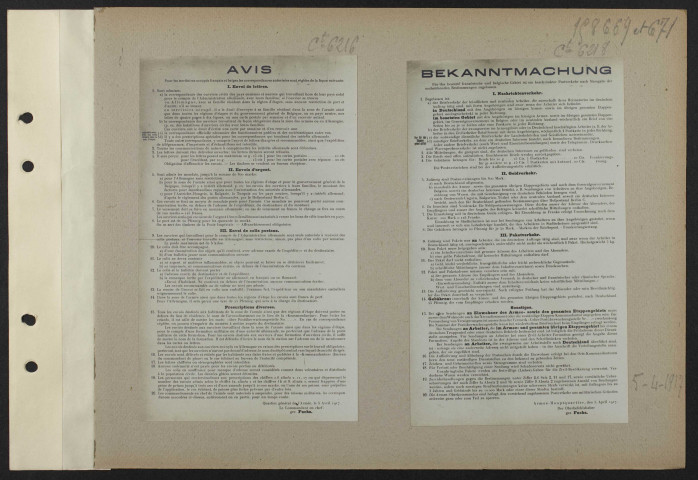 [Bekanntmachung für das besetztze fransösische und belgische Gebiet ist ein beschränkter Postverkehr nahr Massgabe der nachstehenden Bestimmungen zugelassen] [5-4-1917]