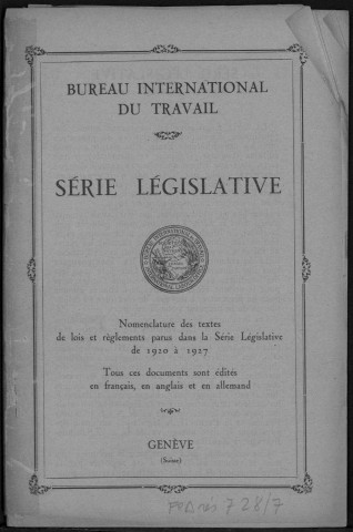 Série législative. Sous-Titre : Nomenclature des textes de lois et règlements parus dans la Série législative de 1920 à 1927