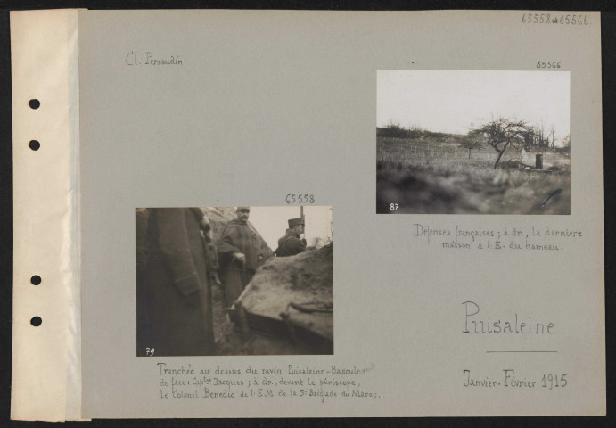 Puisaleine. Tranchée au-dessus du ravin Puisaleine-Bascule : de face : capitaine Jacques ; à droite, devant le périscope, le colonel Benedic de l'EM de la 3e Brigade du Maroc