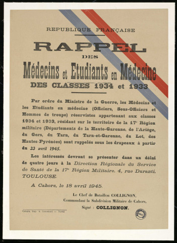 Rappel des médecins et étudiants en médecine des classes 1934 et 1933