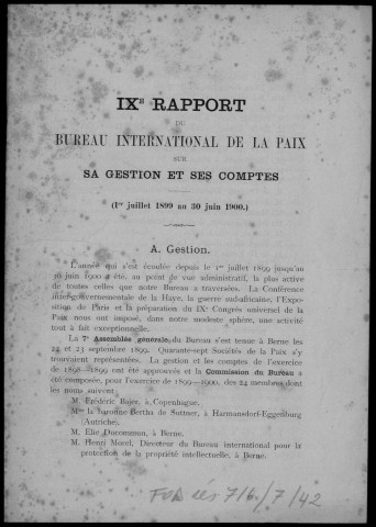 IXe rapport du Bureau international de la paix sur sa gestion et ses comptes (1er juillet 1899 au 30 juin 1900)