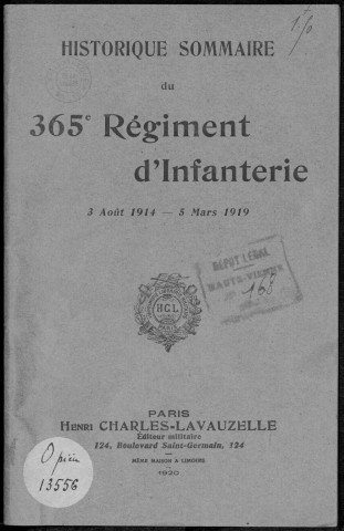 Historique du 365ème régiment d'infanterie
