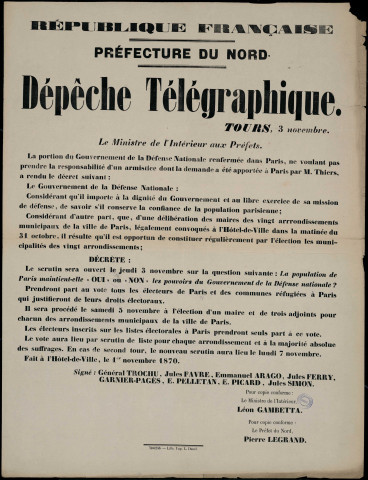 Dépêche télégraphique : Constituer par l'élection les municipalités des vingt arrondissements…