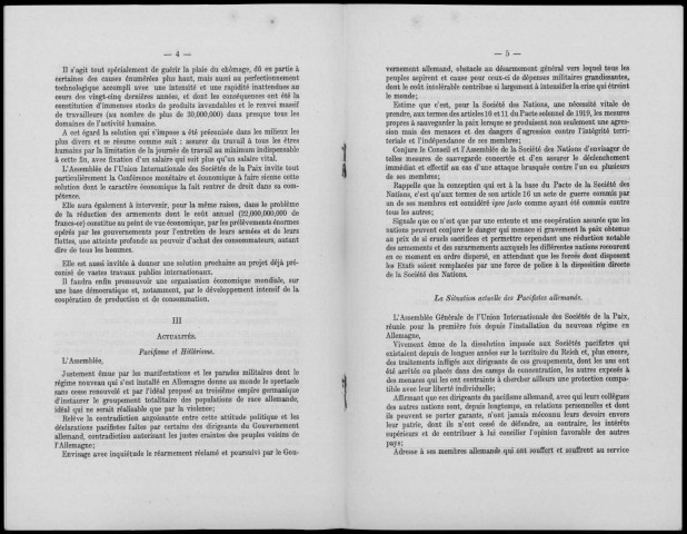 Bureau international de la paix. Assemblée générale de l'Union internationale des Sociétés de la Paix, Genève, 26-27 septembre 1933