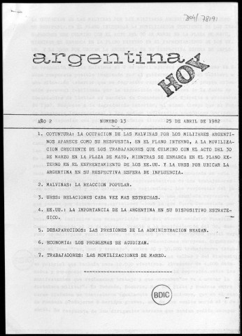 Argentina hoy n°13, 25 avr. 1982.