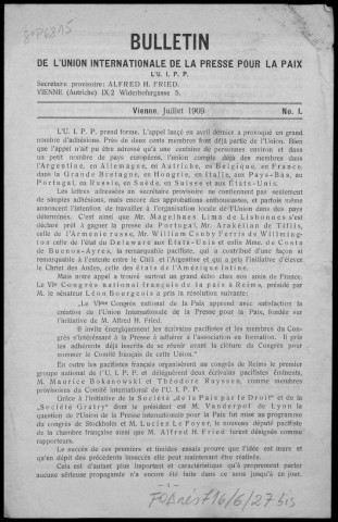 Bulletin de l'Union Internationale de la presse pour la paix : n° 1, juillet 1909