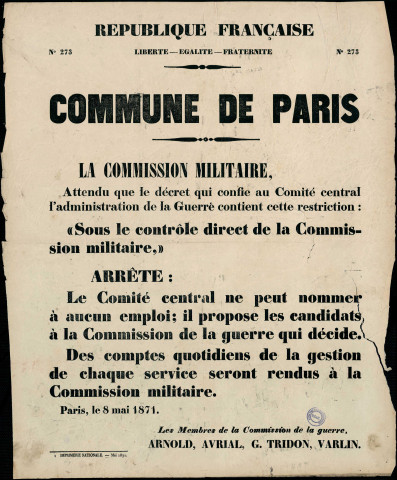 N°273. La commission militaire Arrête Le comité central ne peut mener à aucun emploi