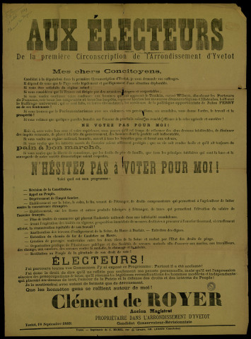 Arrondissement d'Yvetot : Clément de Royer Candidat Conservateur-Révisionniste