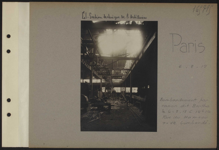 Paris. Bombardement par canon dit Bertha le 6-8-18 à 14h10. Rue du Hameau. Numéro 42 bombardé