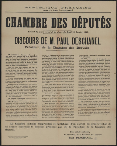 Chambre des députés : extrait du procès-verbal de la séance du jeudi 10 janvier 1918. Discours de M. Paul Deschanel, président de la Chambre des députés