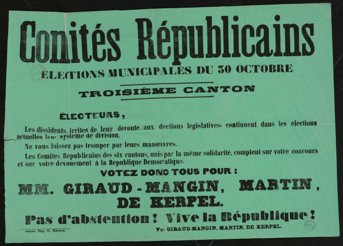 Comités Républicains Élections municipales Troisième canton : Votez Tous pour MM. Giraux-Mangin, Martin