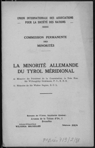 Commission permanente des minorités. La minorité allemande du Tyrol méridional