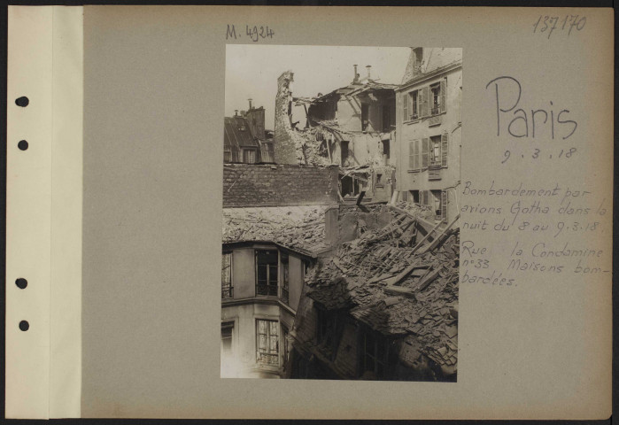 Paris. Bombardement par avions Gotha dans la nuit du 8 au 9.3.18. Rue la Condamine. Numéro 33 maisons bombardées