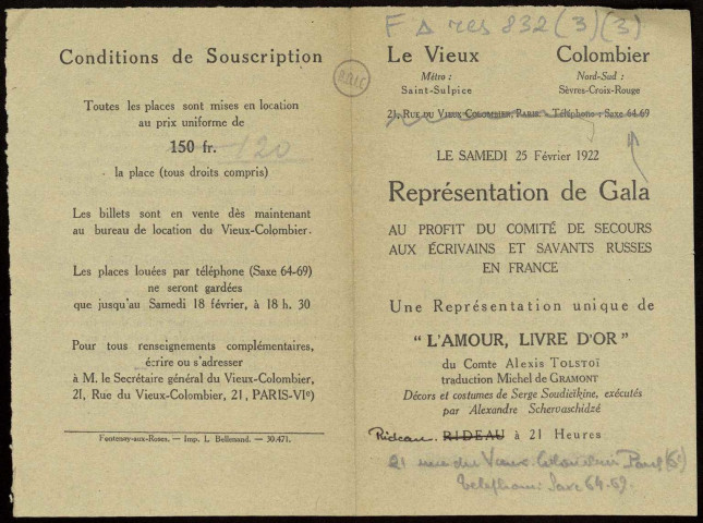 Soirées, spectacles. 1922