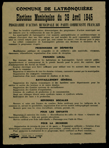 Elections Municipales du 29 Avril 1945 : programme d'action municipale du Parti Communiste Français